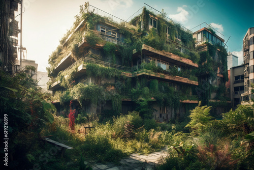 Abandoned buildings covered with vegetation. Generative AI