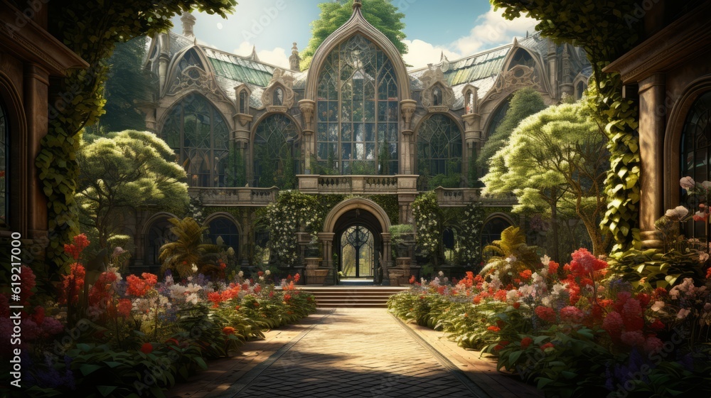 Stone castle and a garden full of plants and flowers in blossom. Made with Generative AI. Stone castle and a garden full of plants and flowers in blossom. Made with Generative AI.