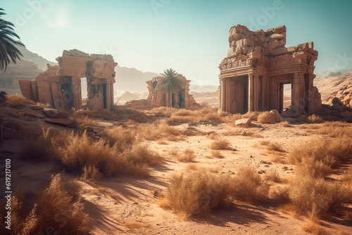 Ruins of an ancient city in the desert. Generative AI photo