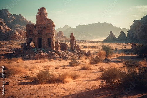 Ruins of an ancient city in the desert. Generative AI photo