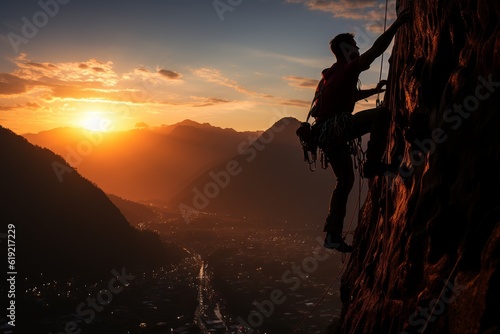 man climbing a large mountain at sunset. Silhouette and leadership concept