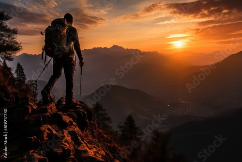 man climbing a large mountain at sunset. Silhouette and leadership concept