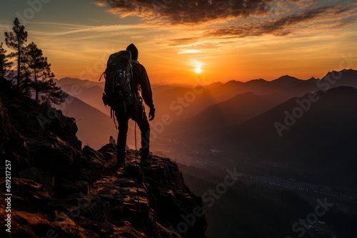 Fototapete man climbing a large mountain at sunset