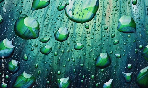  a close up of water droplets on a green surface with a blue sky in the background.  generative ai