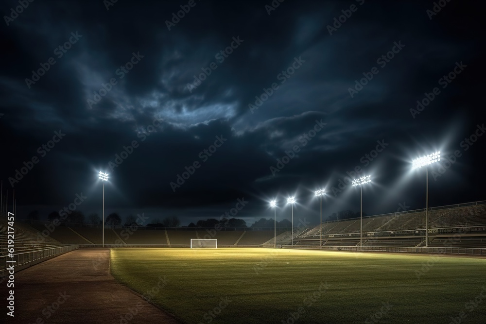 Stadium with grass field and lights. Created with generative AI. Stadium with grass field and lights. Created with generative AI.