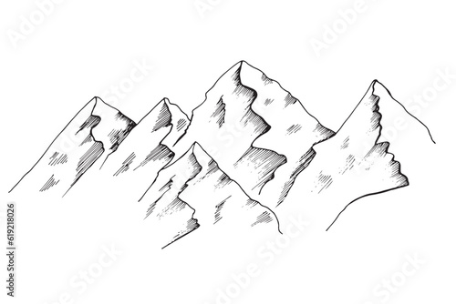 Hand drawn vector landscape with mountains, trees in the mountains. Perfect for banner, poster and sticker design.