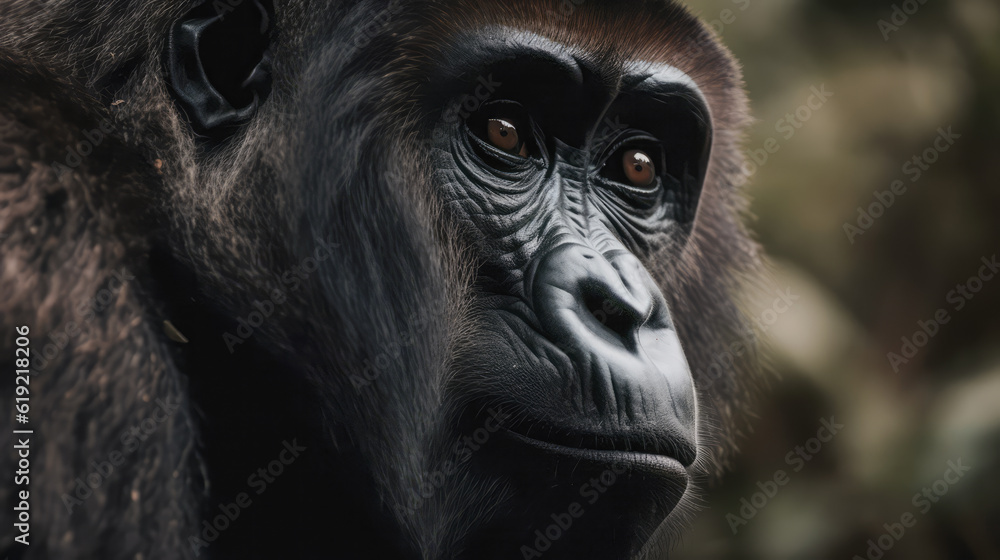 Obraz premium beautiful gorilla in its natural habitat. close up of gorilla. Post-processed generative AI