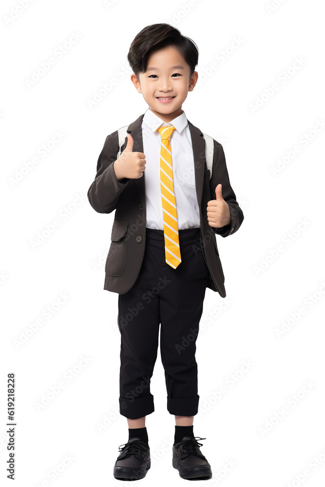 Little Asian schoolboy wearing uniform with thumb up. Full body shot over isolated background Little Asian schoolboy wearing uniform with thumb up. Full body shot over isolated background