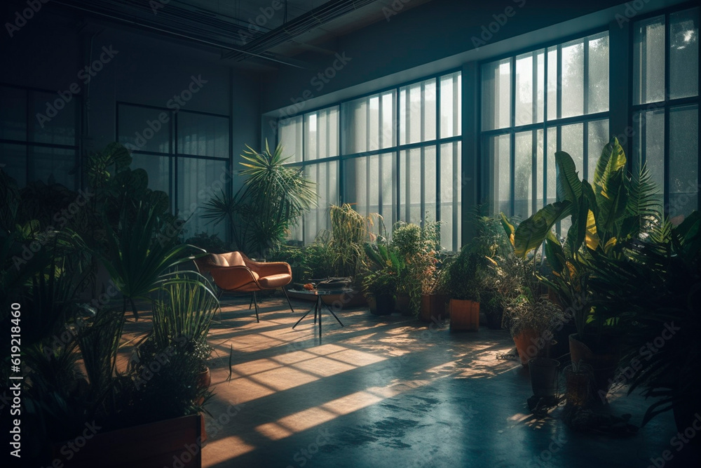 Fototapeta premium Room with plants and a large window. Generative AI