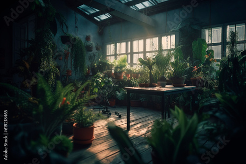 Room with plants and a large window. Generative AI © ARAMYAN