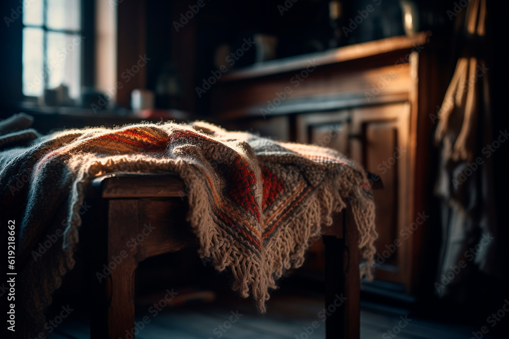 Woolen blanket in the hut. Generative AI