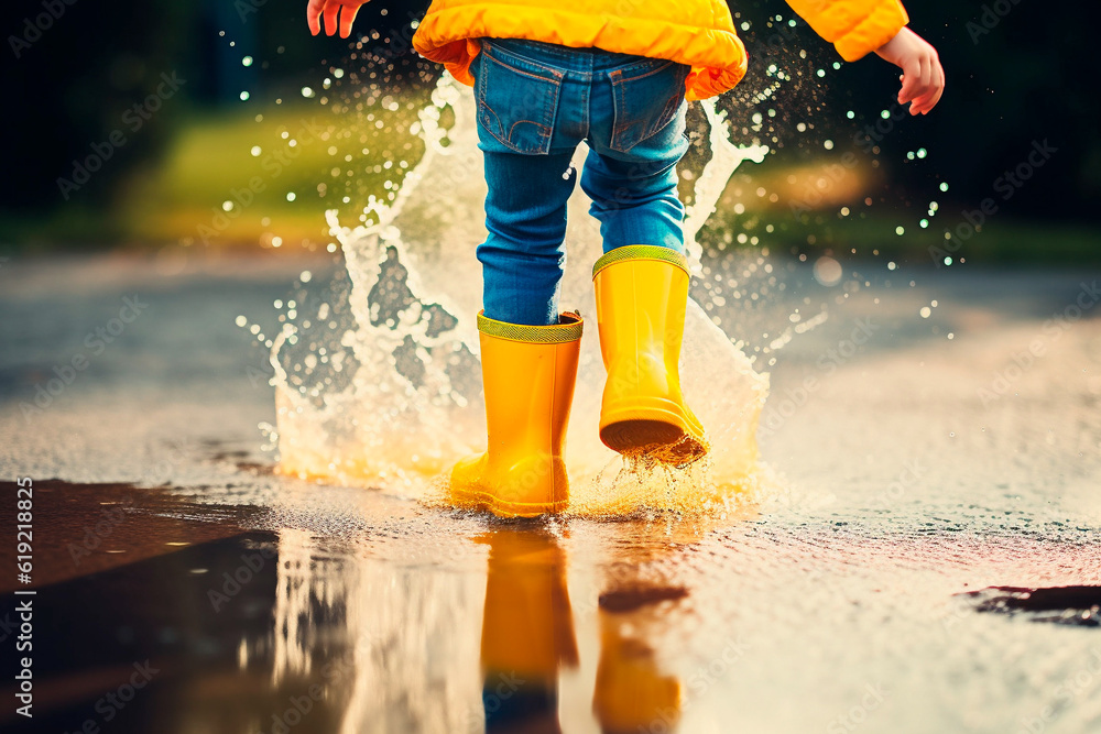 Feet of child in yellow rubber boots jumping over puddle in rain Stock ...