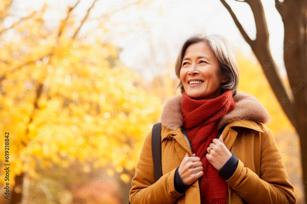 Mature Woman Walking In the Woods In Autumn Mature Woman Walking In the Woods In Autumn