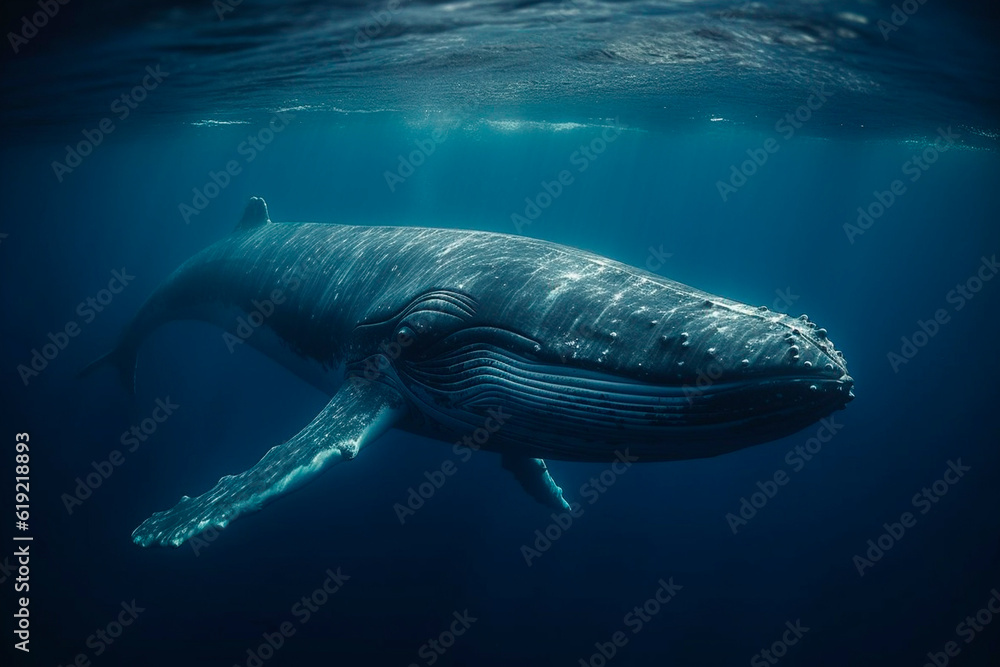 Fototapeta premium Blue whale in the ocean. Generative AI