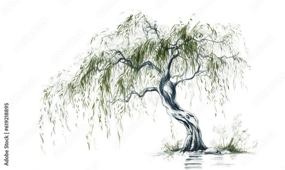  a drawing of a willow tree with water in the foreground.  generative ai - obrazy, fototapety, plakaty 