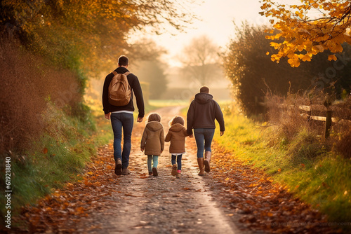 Family walking in autumn field with children