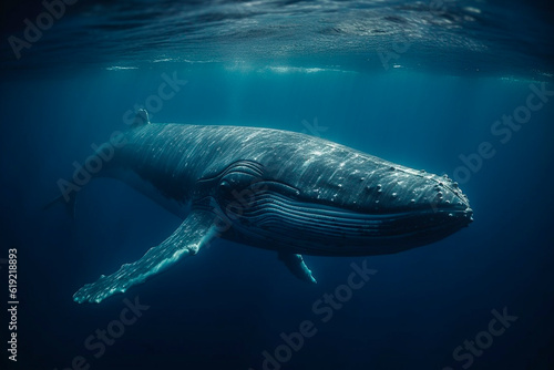 Blue whale in the ocean. Generative AI © ARAMYAN
