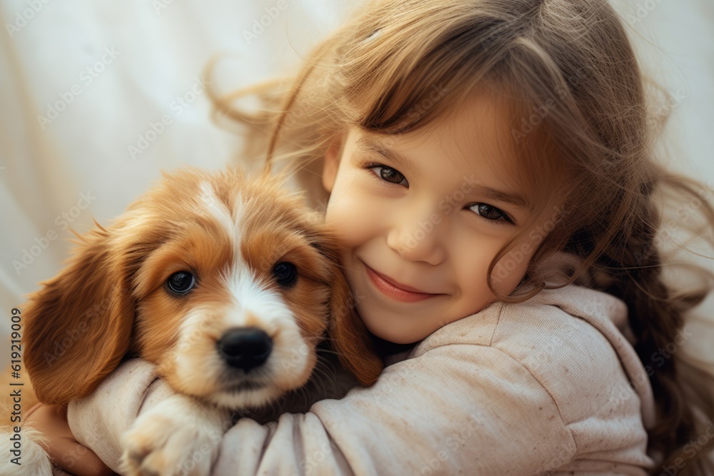 Smiling little girl posing hugging a jack Russel Terrier breed  puppy