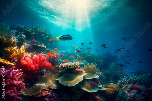 Ocean floor with corals and fish. Generative AI © ARAMYAN