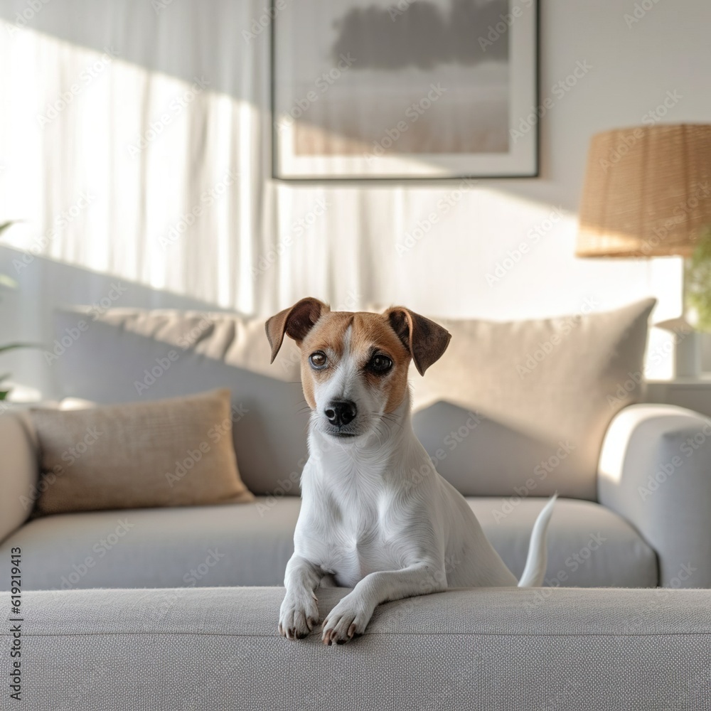 Jack Russell dog sitting on a sofa. Created with generative AI. Jack Russell dog sitting on a sofa. Created with generative AI.