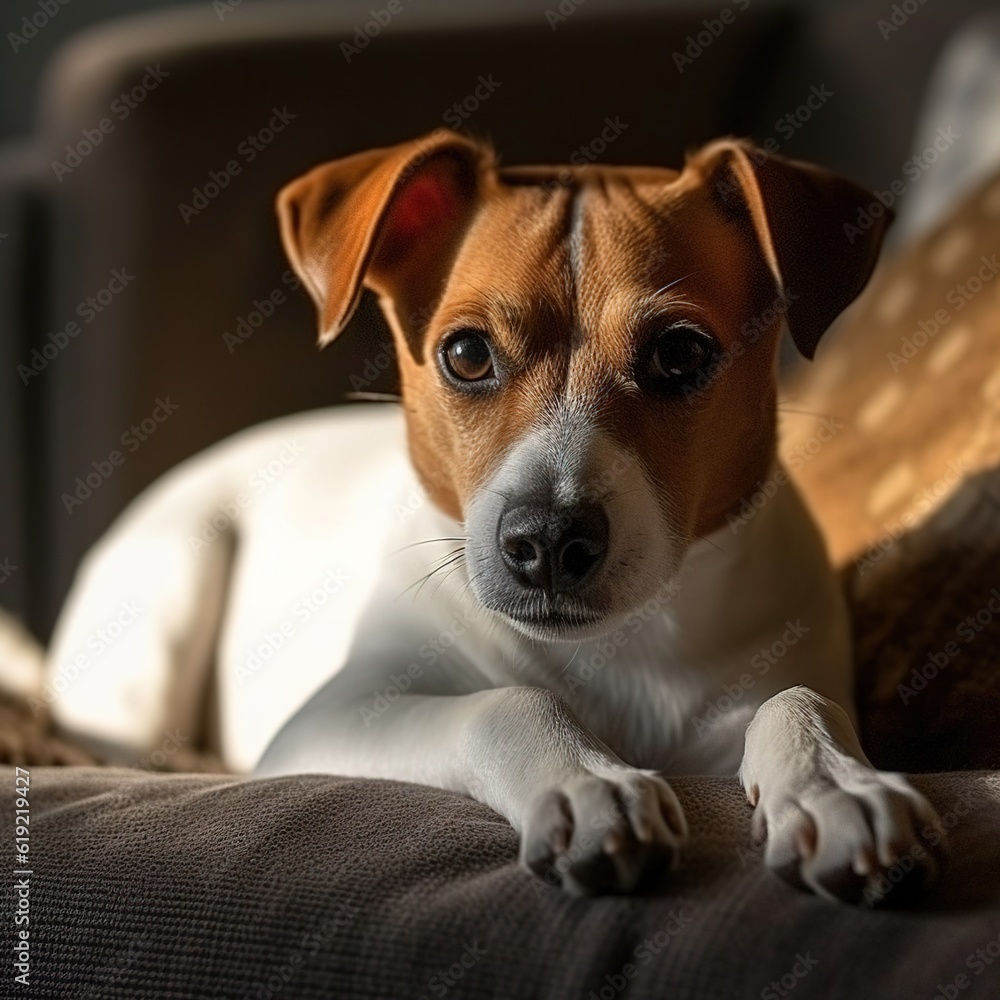 Jack Russell dog sitting on a sofa. Created with generative AI. Jack Russell dog sitting on a sofa. Created with generative AI.