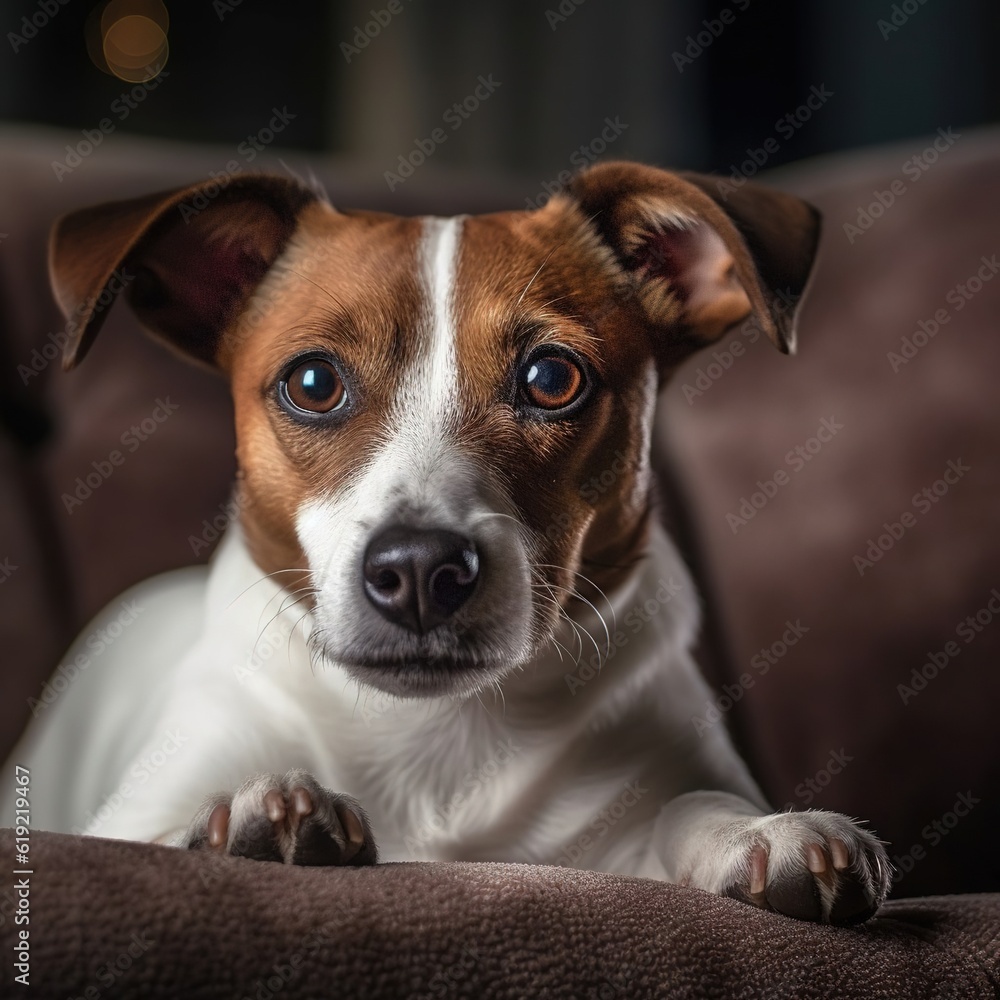 Jack Russell dog sitting on a sofa. Created with generative AI.