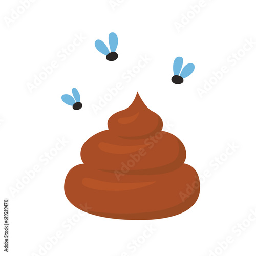 Fly around the brown stinky poop vector isolated. Insect flying at the turd.