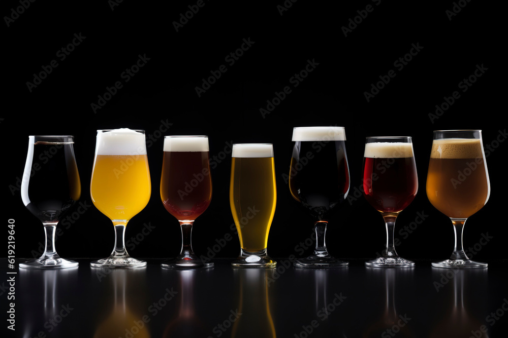 Variety of craft beers in uniquely shaped glasses, contrasted against a simple, dark background.