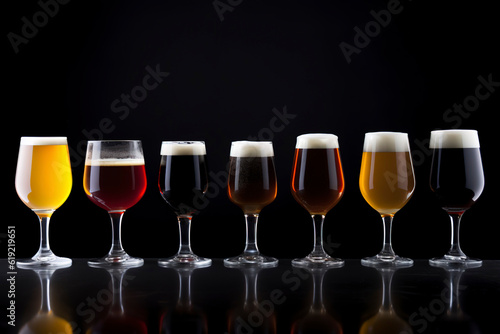 Variety of craft beers in uniquely shaped glasses, contrasted against a simple, dark background.