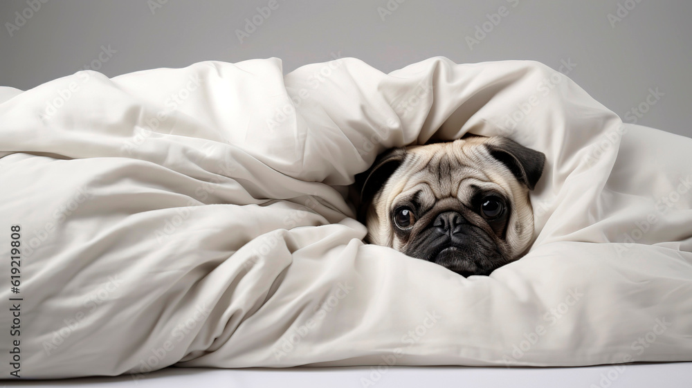 Funny dog pug lies in bed linen, figure, white color, light background.