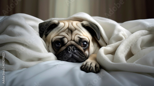 Funny dog pug lies in bed linen, figure, white color, light background. © Melipo-Art