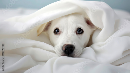 Funny dog Labrador Retriever lies in bed linen, figure, white color, light background.