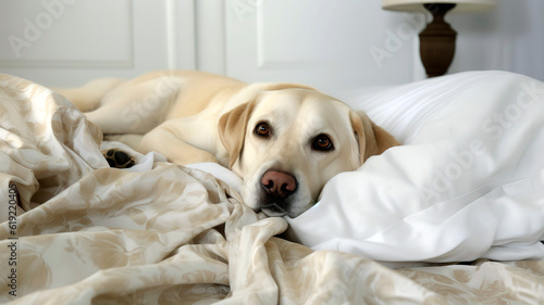 Funny dog Labrador Retriever lies in bed linen, figure, white color, light background.