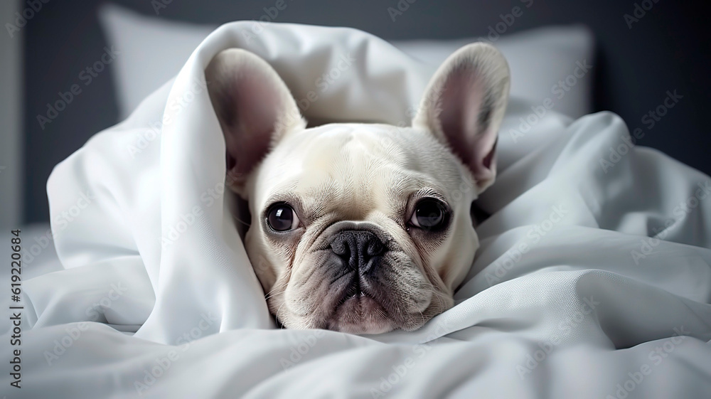 Funny dog french bulldog lies in bed linen, figure, white color, light background.