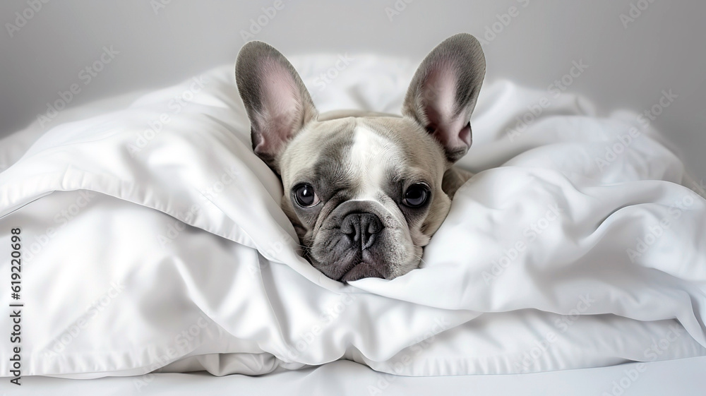Funny dog french bulldog lies in bed linen, figure, white color, light background. Funny dog french bulldog lies in bed linen, figure, white color, light background.