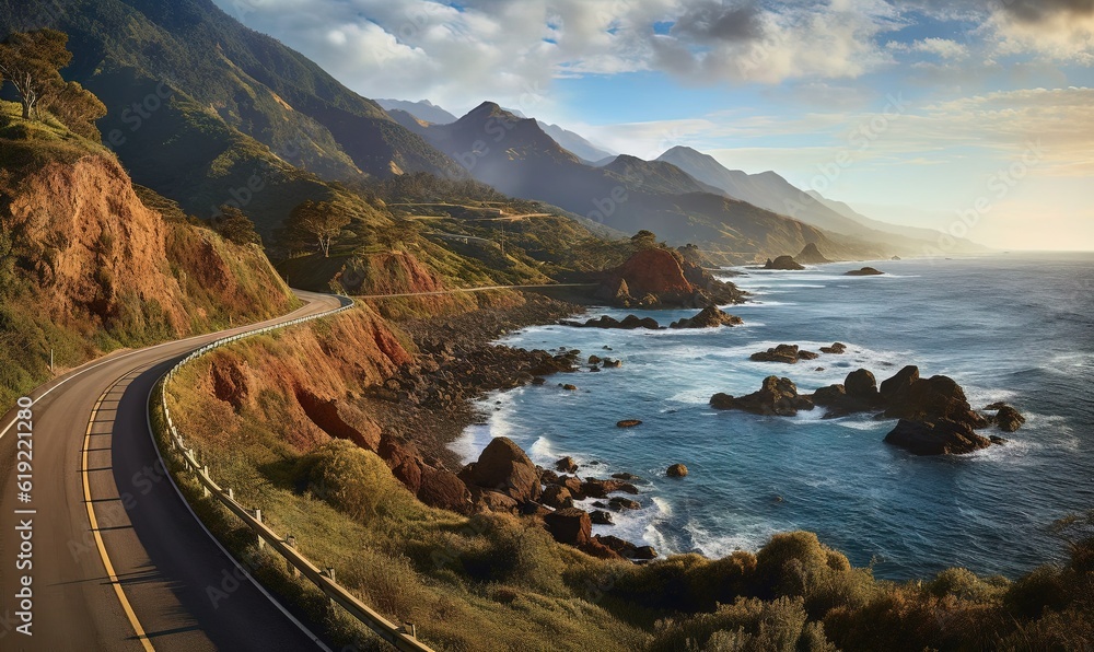  a scenic view of the ocean and a road near the shore.  generative ai