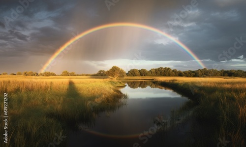  a rainbow appears over a marshy area with a stream. generative ai