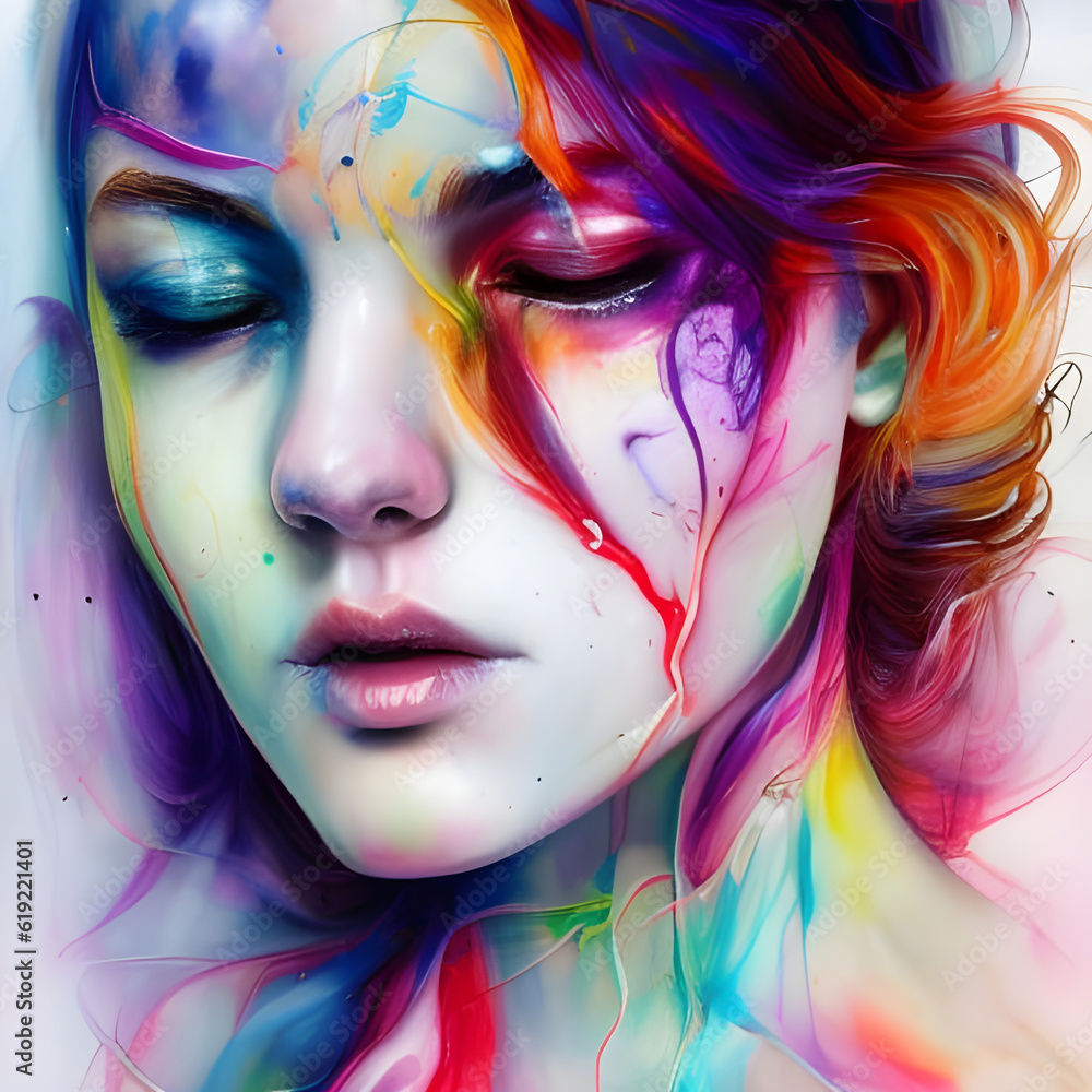 Illustration with details of ink splashes of various colors on a female face | AI Generator