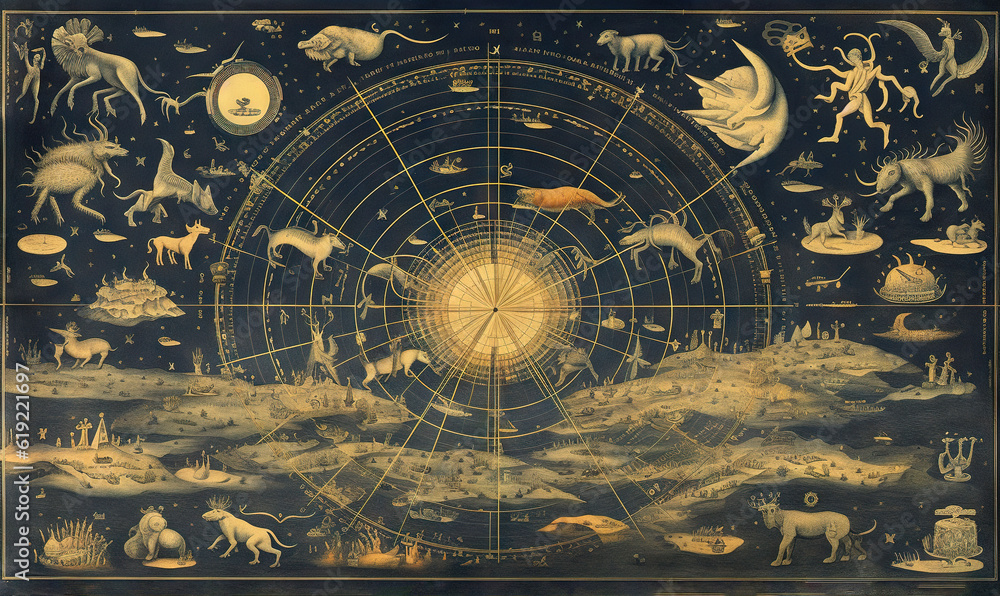 Naklejka premium a painting of a celestial map with all the stars and planets. generative ai