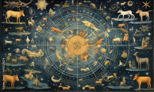  a painting of a zodiac sign with animals and stars around it. generative ai