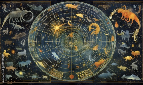  a painting of a zodiac sign with animals around it and stars in the sky. generative ai