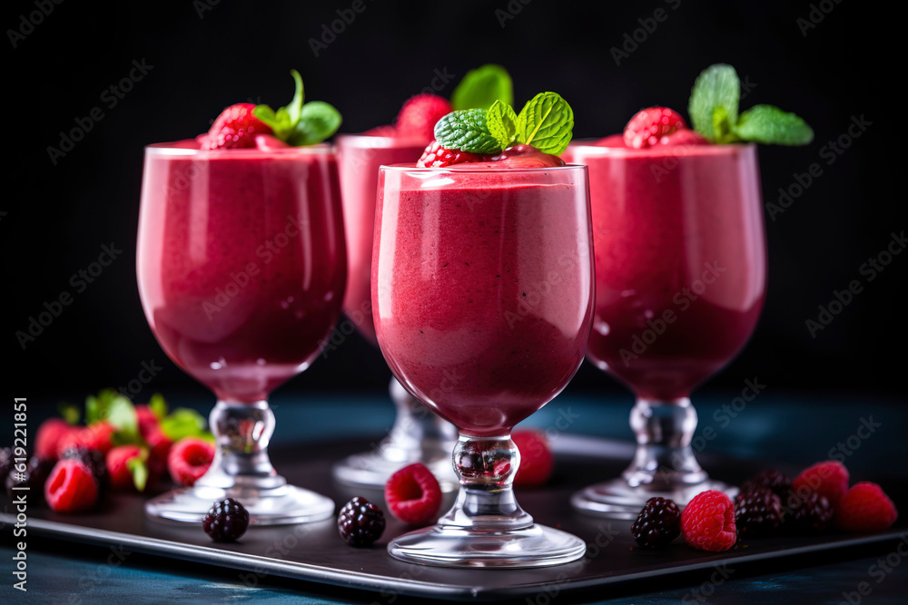 Red smoothie dessert in tall glasses. Red smoothie dessert in tall glasses.