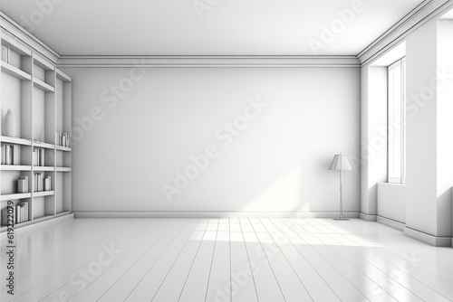 Minimalist White Room with Modern Bookshelves. Generative AI