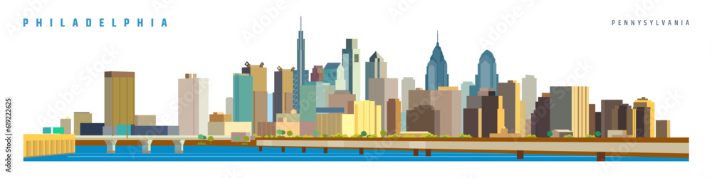 Philadelphia city skyline isolated vector illustration on white background.