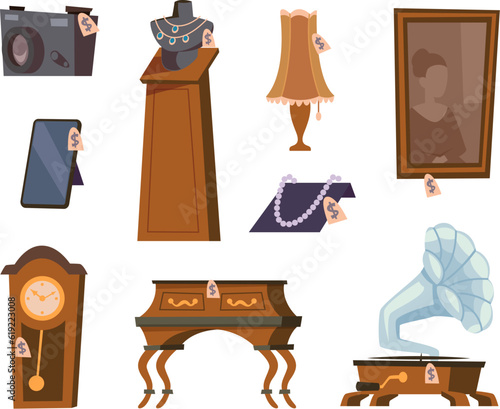 Pawn shop. Rare and expensive items for selling antique jewelry things exact vector pawn shop tools collection