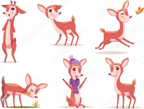 Baby deer. Wild cute forest animal in action poses standing sitting running walking exact vector deer in cartoon style