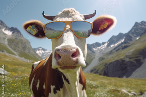 Happy cow with sun glasses in the Alps. Generative AI.