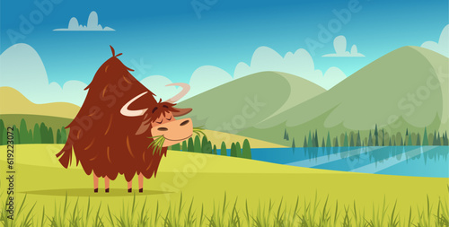 Yak outdoor. Cartoon background with wild yak bull walking exact vector template