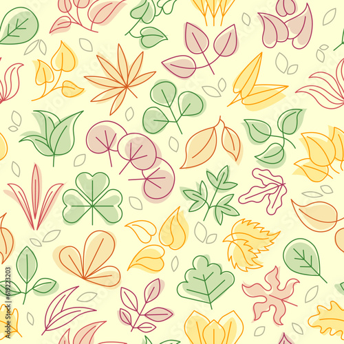 Leaf pattern. Seamless background with natural leaf set in linear style recent vector template