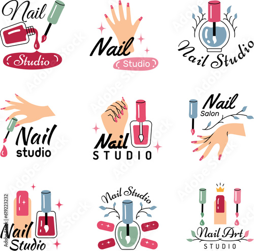 Nail salon logo. Business badges for woman fashioned beauty manicure studio recent vector simple logos